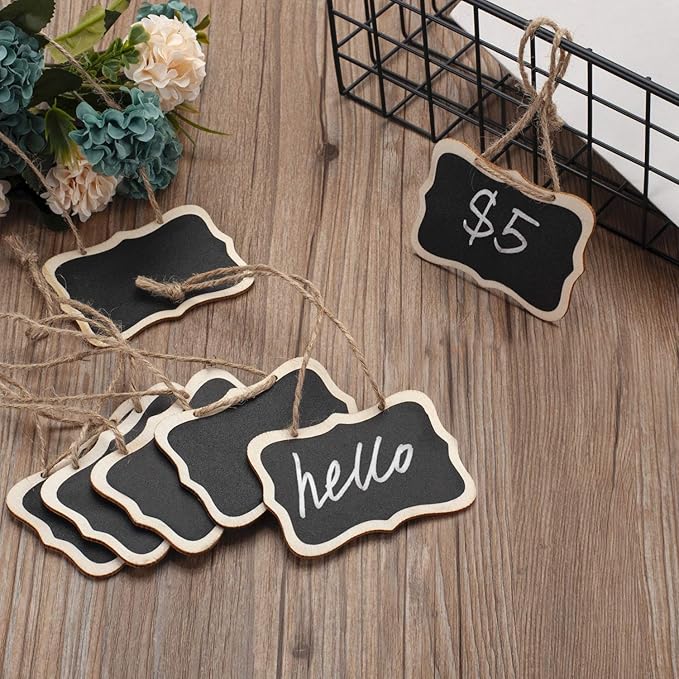 20 Pack Mini Chalkboards Tags Erasable Blackboard Tags, Double Sided Blackboard with Hanging String Wooden Chalkboard Board Signs for Price Tags, Message Tags