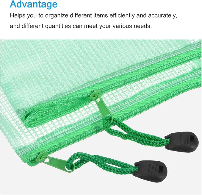 MECCANIXITY Mesh Zipper Bags, B8 Size File Documents Pockets Bill Pouch Folders for Office Home Supply, Green Pack of 3