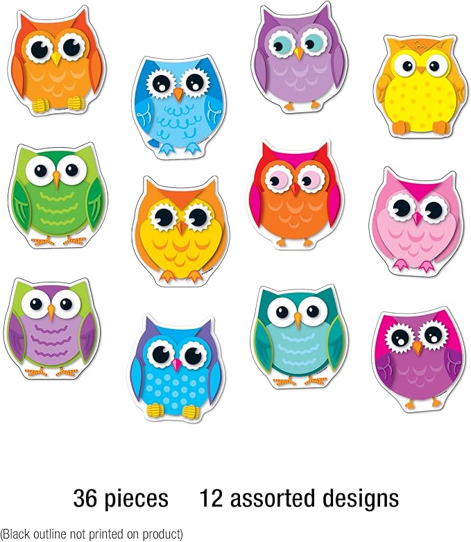 Carson Dellosa 36-Piece Colorful Owl Bulletin Board Cutouts, Colorful Owl Cutouts for Bulletin Board, Bird Classroom Décor, Owl Classroom Décor, and Bulletin Board Decorations