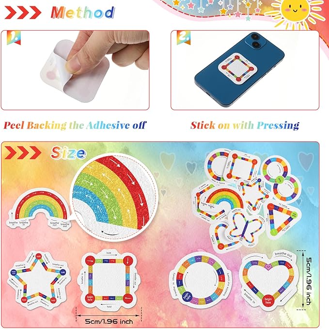 Gersoniel 36 Pcs Anxiety Sensory Stickers Strips Adhesive Textured Mental Health Calm Stickers Mindfulness Fidget Decals Stress Anxiety Relief Items for Therapy Office Desk (Bright Breathe)