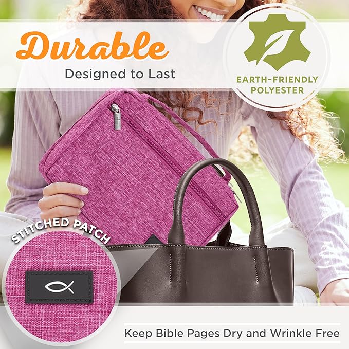 Christian Art Gifts Polyester Bible Cover for Men & Women w/Jesus Fish Patch, Secure Zipper Pocket, Pen Loops, Easy Carry Book Case for Stationery, Accessories, Pink, XL