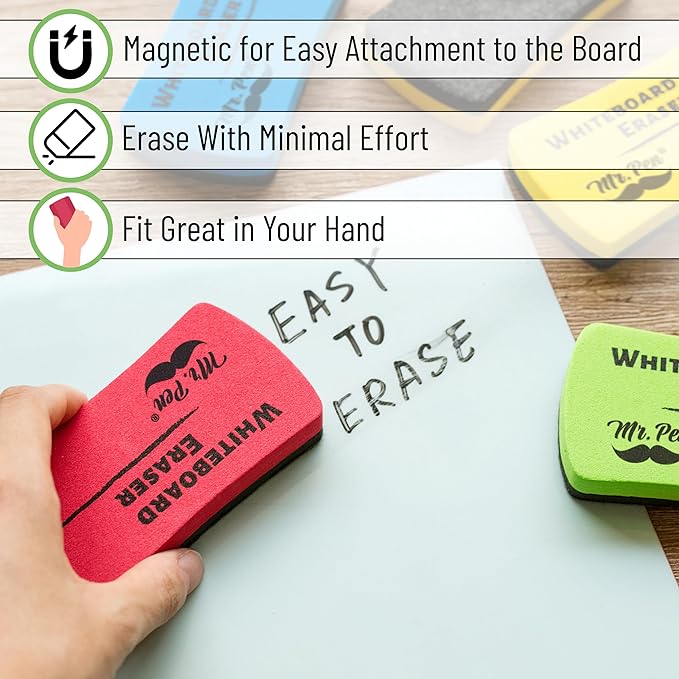 Mr. Pen- Magnetic Dry Erase Erasers, 4" x 2", 8 Pack, Assorted Colors, Magnetic Whiteboard Dry Erase Erasers Bulk for Kids, Teachers, Students and Classroom Supplies