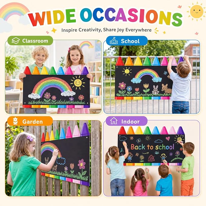 MotiMind 1 Pcs Giant Outdoor Chalkboard for Kids Suitable Indoor and Outdoor Use, Weatherproof Large Black Chalkboard Panels for Wall Back to School Decorations (Large Crayon)