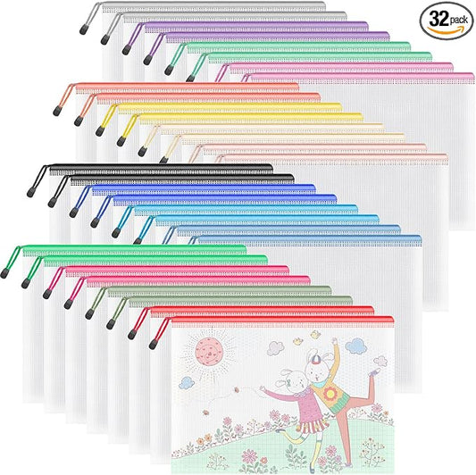 Umriox 32PCS Mesh Zipper Pouch, Zipper Bags for Organizing, A4, Letter Size, Storage Bags for Board Game, Puzzles, School Office Supplies