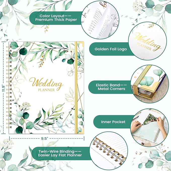 Wedding Planner & Organizer - Wedding Planner Book and Organizer for the Bride, 9.5" x 11.9" Diary Engagement Gift Book, Hardcover + Metal Corner + 5 Inner Pockets + Sticker + Elastic Closure - Floral