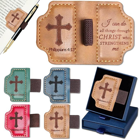 Bygone Mark Personalized Magnetic Leather Bookmark with Pen Holder,Inspirational Bible Verse Religious Bookmarks,Christian Book Lovers Reading Accessory for Men Women (Brown, Philippians 4:13)