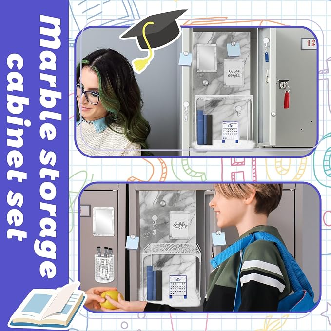 Denylo pro White Magnetic Locker Marble Theme Accessories Kit Include Back to School Essentials for Back to School Decorations Office Supplies