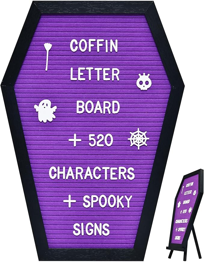 Coffin Letter Board - 520 Characters Spooky Halloween Characters with Wooden Stand and Canvas Bag - 16x11 Inches - Felt Message Board for Home Office Halloween Supplies & Decor (Purple)