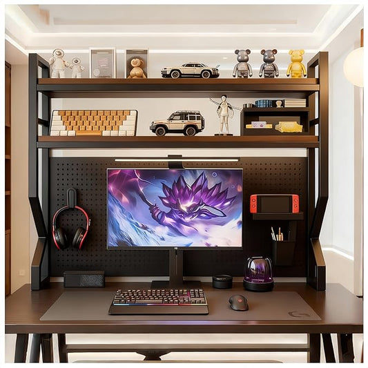 Desktop Bookshelf, pegboard Storage and Organization Rack, Dorm Desk Shelf, Desk Hutch Brown, Office Desk top Storage Rack, Student Desktop Storage,Desk Shelves(Natural+Black, 29.5" Lx9.9 Wx39 H)