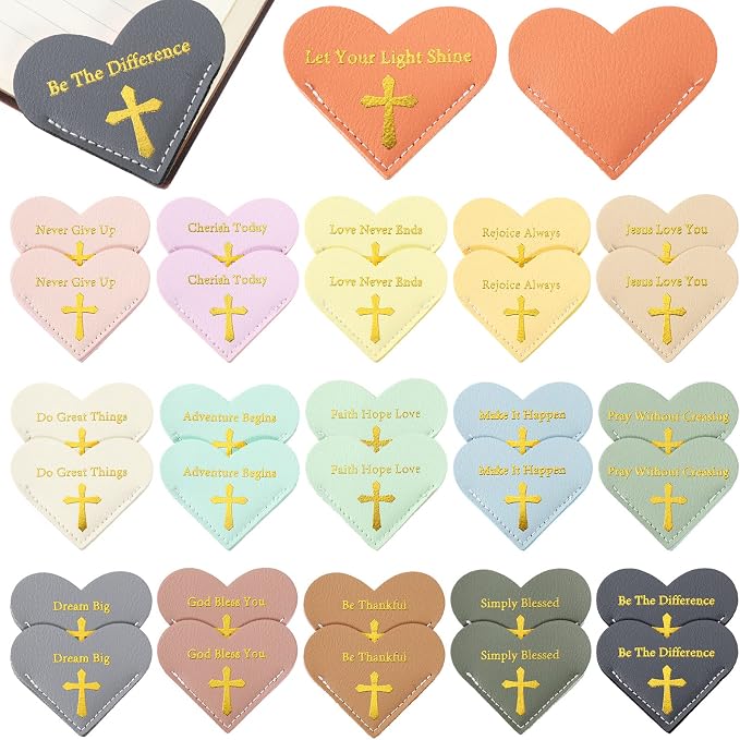 Kosiz 32 Pcs Bible Verse Leather Heart Bookmark Page Corner Book Marks Cute Leather Bookmark Clips for Women Reading Accessories for Home Office School Bookworm, 16 Colors