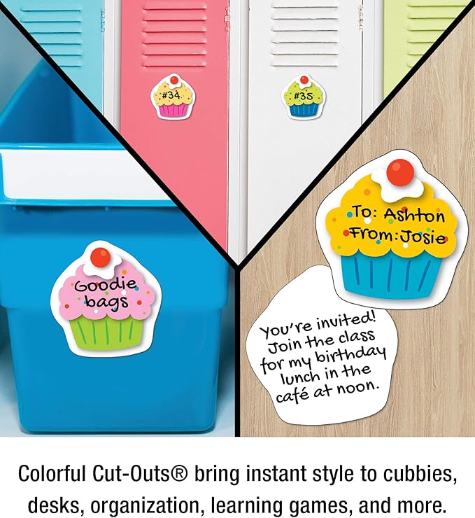 Carson Dellosa 36-Piece Cupcake Decorations, Colorful Cardstock Dessert Cutouts for Party, Name Tags, Happy Birthday Bulletin Board, and Classroom Decor