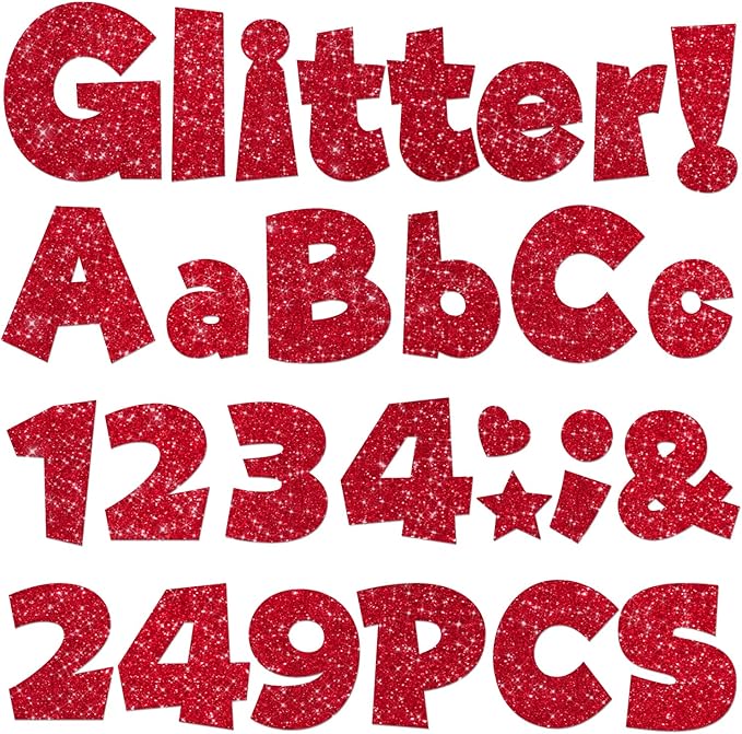 249 Pcs Glitter Bulletin Board Letters Numbers and Punctuation, 4 Inch Alphabet Poster Board Cardboard Letter Cutouts with Adhesive Dots for Classroom Bulletin Board School Decorations (Red)