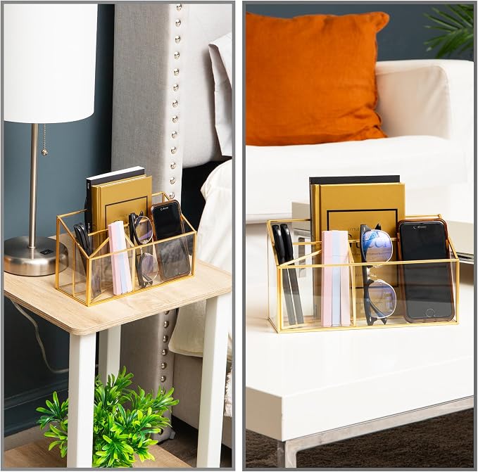 Mind Reader 4-Compartment Glass Desktop Organizer with Copper Trim, Angled Design for Office Supplies, Makeup & Accessories, Glass and Copper, Clear