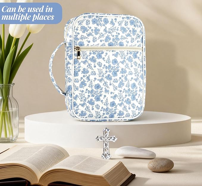 Bible Cover Case for Women, Large Bible Bag with Bible Study Supplies Accessories Christian Gifts for Women, Portable with Sturdy Handle and Highlighters, Blue Flower