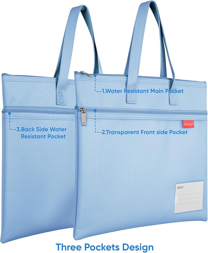 Wisdompro Waterproof Zipper Pouch, Large Mesh File Bag with Handle, Durable Triple Pocket Document Storage for Cross Stitch, Puzzle Project, Travel and Office - Blue
