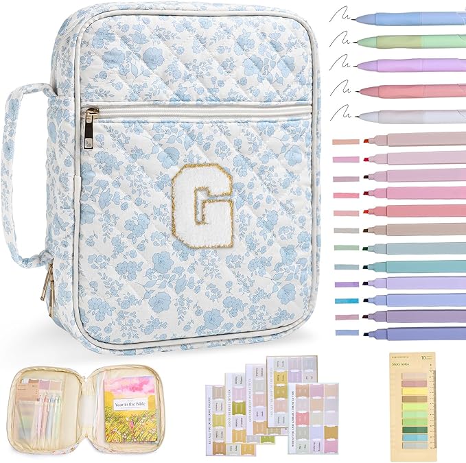 Personalized Initial Bible Cover Case for Women Girls Kid Large Bible Cover with Durable Handle Quilted Bible Carrying Case for Girls Bible Study Supplies Accessories (Blue Flower G, one Size)
