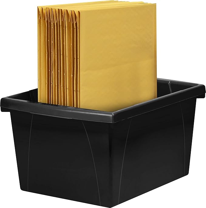 Storex 4 Gallon Storage Bin – Plastic Classroom Organizer for Books and Supplies, Black, 6-Pack (61466C06C)
