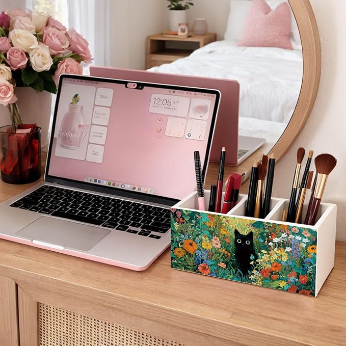 Black Cat Desk Organizer Wooden Pen Pencil Holder for Desk, 3 Compartments Office Desk Accessories, Floral Cat Desk Decor, Cute Cat Lover Gifts for Women Home Office Storage