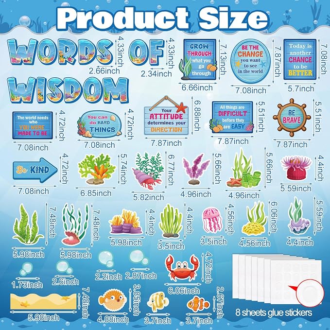 Qilery Ocean Theme Bulletin Board Set, Under the Sea Motivational Classroom Decor, Words of Wisdom Inspirational Cutouts, Back to School Teacher Supplies, Positive Affirmation Wall Decor