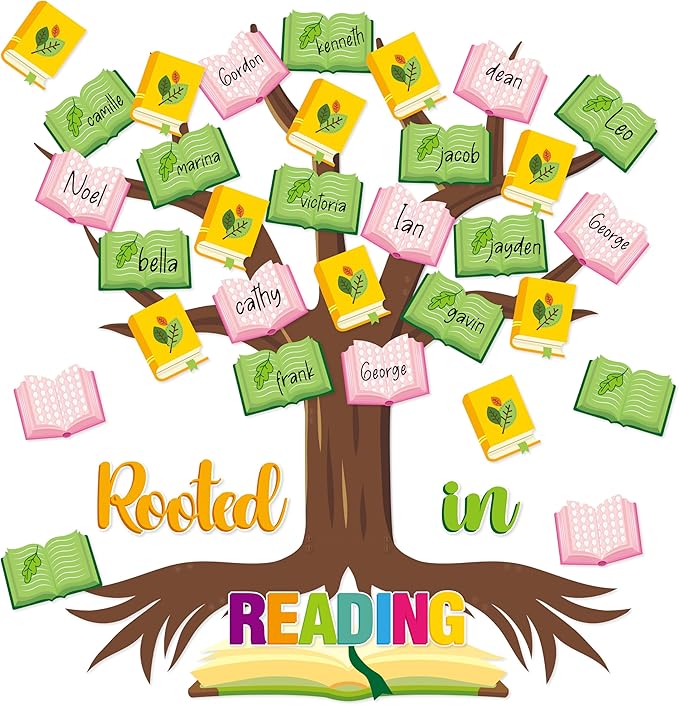CY2SIDE Reading Tree Bulletin Board - 55PCS Rooted in Reading Tree Cutout for Bulletin Border Sets Books Name Tags Leaves Cutout Trim Border Kit Back to School Chalkboard Wall Decoration Supplies