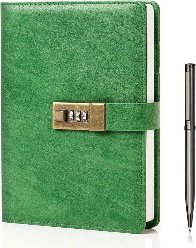 WEMATE Diary with Lock, A5 PU Leather Journal with Lock 240 Pages, Vintage Lock Journal Password Protected Notebook with Pen & Gift Box, Lock Diary Planner Organizer for Men and Women, 8.6x5.8in