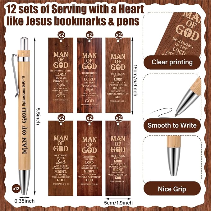 Dispowreath 24 Pcs/12 Sets Man of God Gift, Include 12 Man of God Ephesians 6: 10-11 Bookmark 12 Bible Verse Bamboo Ballpoint Pen for Men Church Prizes Party Favors