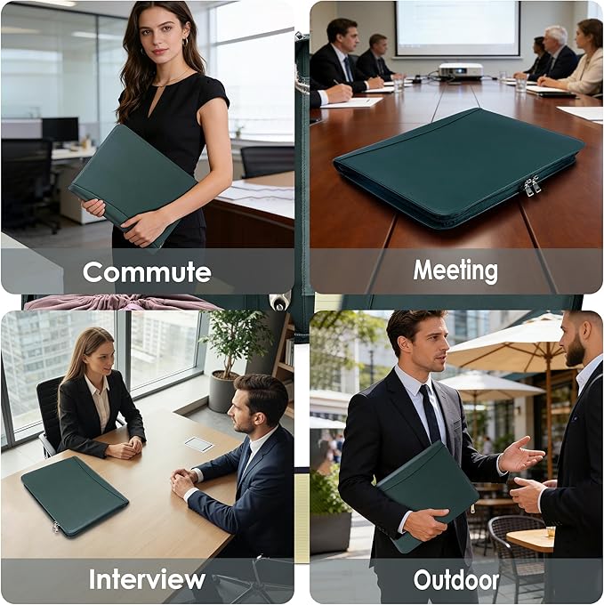 Genuine Leather Zippered Padfolio with 3 Ring Binder, A4/Letter Portfolio Organizer for Work, Fits 13.9" Laptop, Business Folder with Notepad Holder, Meetings & Interviews (Green)