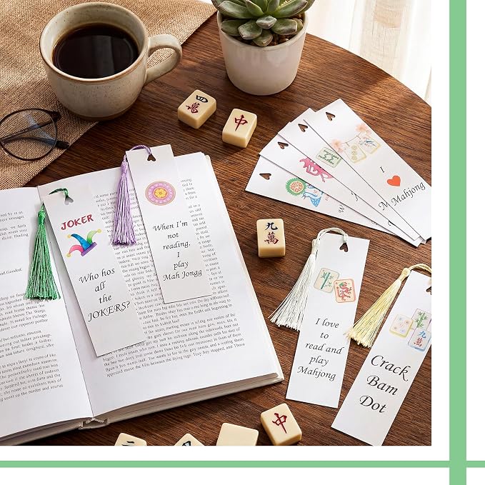 Resurhang 24 Pcs Mahjong Bookmark Set with Tassels Double Sided Vintage Mahjong Style Art Page Markers Lovers Gift for Readers Book Lovers