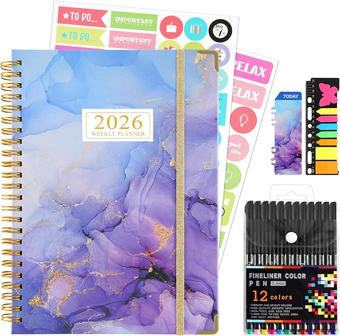2026 Planner, Daily Weekly Monthly Planner with Tabs, 2026 monthly planner with Color Pen, Sticky Notes and Stickers, 6.2" x 8.5", Durable Twin Wire Binding, Storage Pocket - Purple Marble