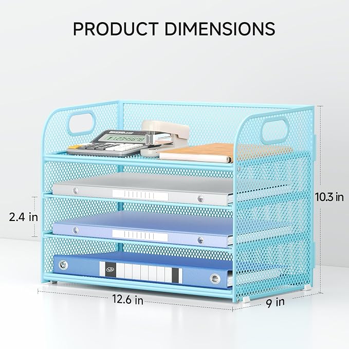 Lavatino 4-Tier Paper Organizer Trays - Blue Mesh File Folder Sorter with Handles, Desk Letter Holder Organizer for Office, Home, School Supplies Storage & Organization