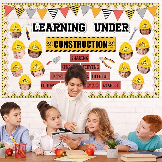 gisgfim Construction Bulletin Board Decorations Learning Under Construction Paper Cutouts DIY Photo Helmet Motivational Bulletin Board Set for Back to School Teacher Classroom Wall Decor Supplies