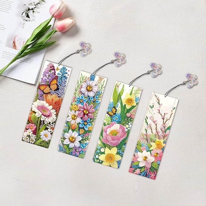 ARTopet 4Pcs DIY Diamond Art Painting Bookmarks with Colorful Butterfly Pendant PET Bookmark Ornament Double Sided Pattern Single Sided Diamond Book Marker Clip Gifts Tags-Flowers01