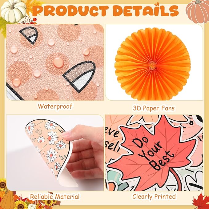 Containlol 77 Pcs Fall Thanksgiving Bulletin Board Decoration Thanksgiving Fall Maple Leaves Bulletin Board Set Be-Leaf in Yourself Boho Classroom Decor with 3D Paper Fans Cutouts for Autumn Decor