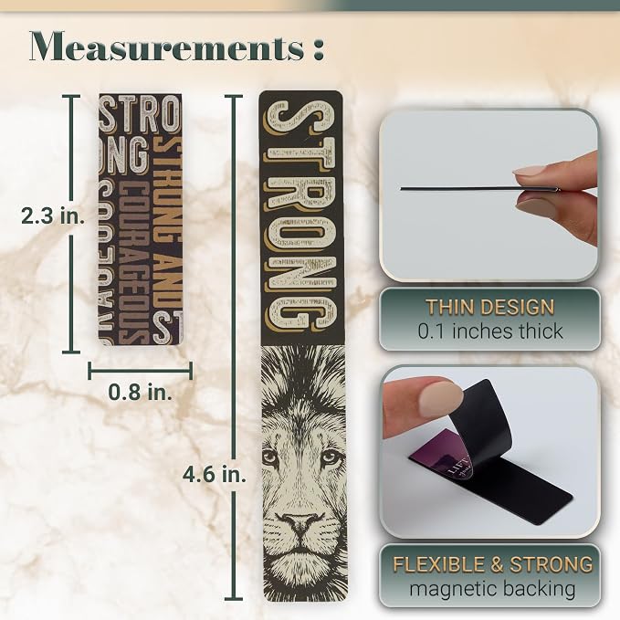 Christian Art Gifts Magnetic Scripture Bookmark/Pagemarker Set for Men: Strong & Courageous Lion - Set of 6, Inspirational Scripture for Bibles, Fridges, Books, Multicolor/Brown/Black/Gray, Small