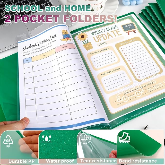 24 Pcs Back to School Take Home Folders for Elementary Students 2 Pocket Folders with Clear Front Pocket 4 Inner Pockets Plastic Parent Teacher Communication Folder 11.81 x 9.45 Inch (Green)
