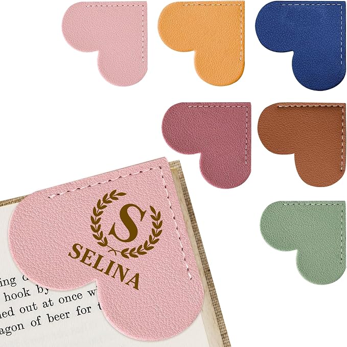 EDSG Personalized Leather Heart Bookmark, Corner Bookmark Book Marks Clip with Birth Flower & Name, Bookmarks for Women Men, Reading, Teachers, Birthday, Graduation Christmas(Light Pink-Heart)