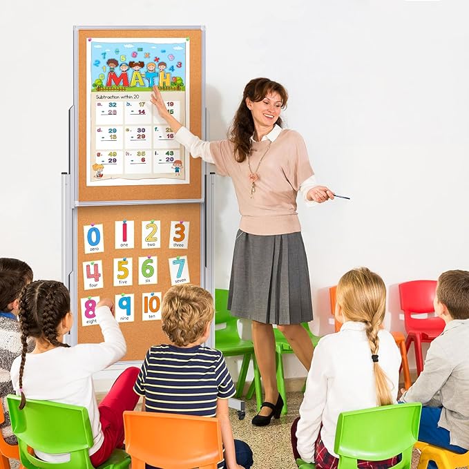 Rolling Whiteboard with Stand, 24x63 Double-Sided Magnetic Dry Erase Board & Cork Board, 4 Writing Surfaces, Adjustable Height Mobile White Board on Wheels for Home, Office, Classroom