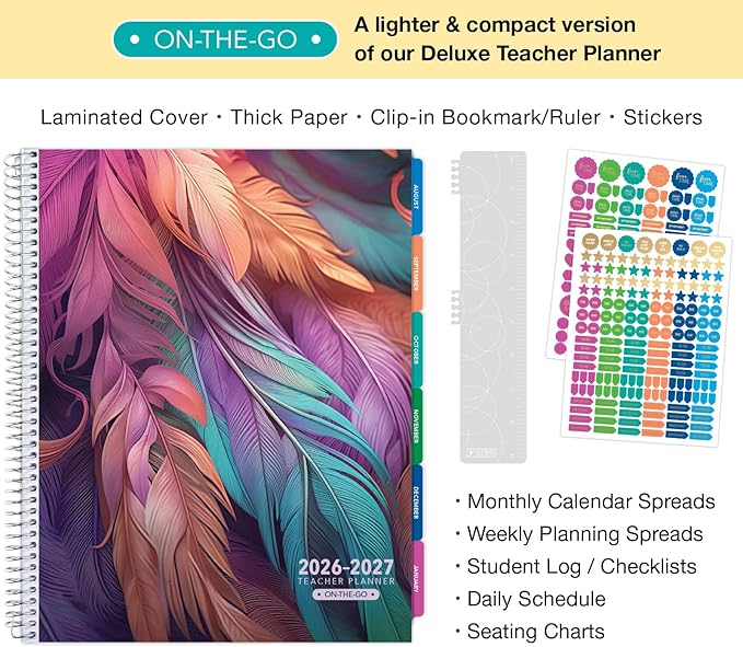 LITE TEACHER PLANNER - Aug 2026-Jul 2027, 8.5" x 11" Daily Weekly Monthly Organizers - Includes 7 Periods, Dated Calendar, Page Tabs, Bookmark, and Planning Stickers (Pastel Peacock)