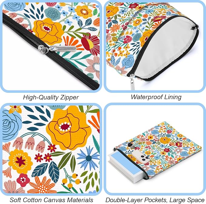 jeilink Book Sleeve Book Protector Book Pouch Book Lovers Gifts Bookish Gifts Book Cover with Zipper for Hardcover Paperback Washable Floral Printed Gift Bag for Women Aunt Girl Birthday, BookCover