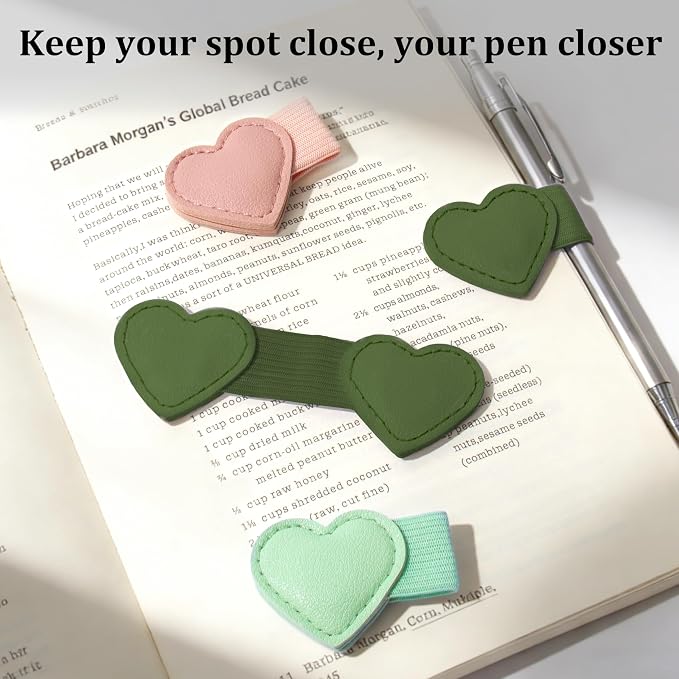 2Pcs Magnetic Leather Heart Bookmarks with Pen Holder, Cute Book Markers Clip with Gift Box, Reading Accessories for Book Lovers Women Teachers Students, Dark Green