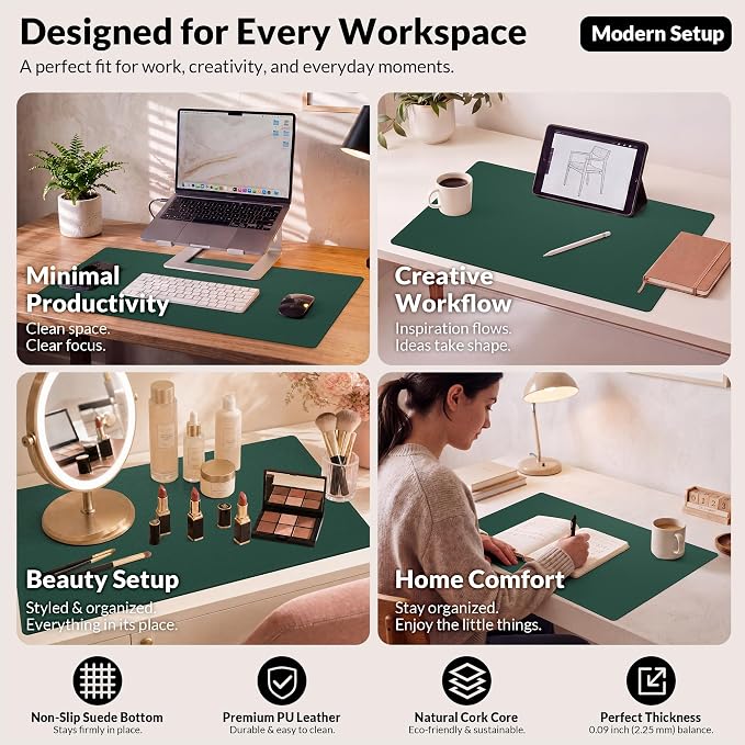 AFIING Cork Desk Mat, Dark Green, 35.4" x 17",Desk pad Protector | Dual-Sided Cork & PU Leather, Large Mouse Pad, Non-Slip & Waterproof