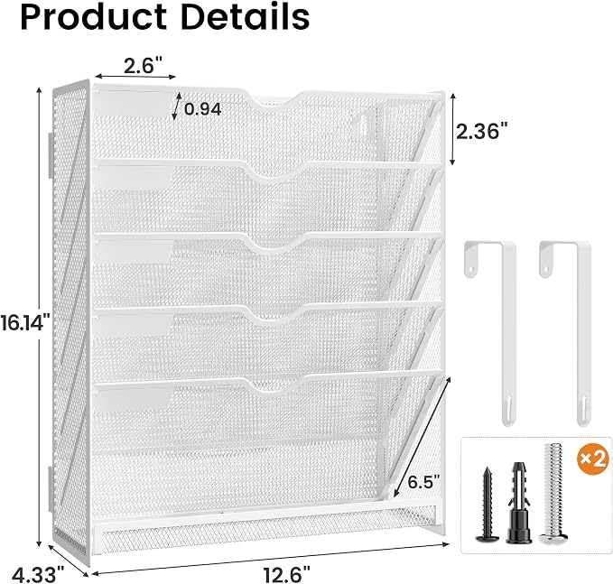 Hanging Wall File Organizer 6-Tier Wall Mount Mail Organizer & Desk Paper Organizer, Sleek White Metal File Folder Holder for Office, Cubicle, Bedroom | All-in-One Document Storage Shelf