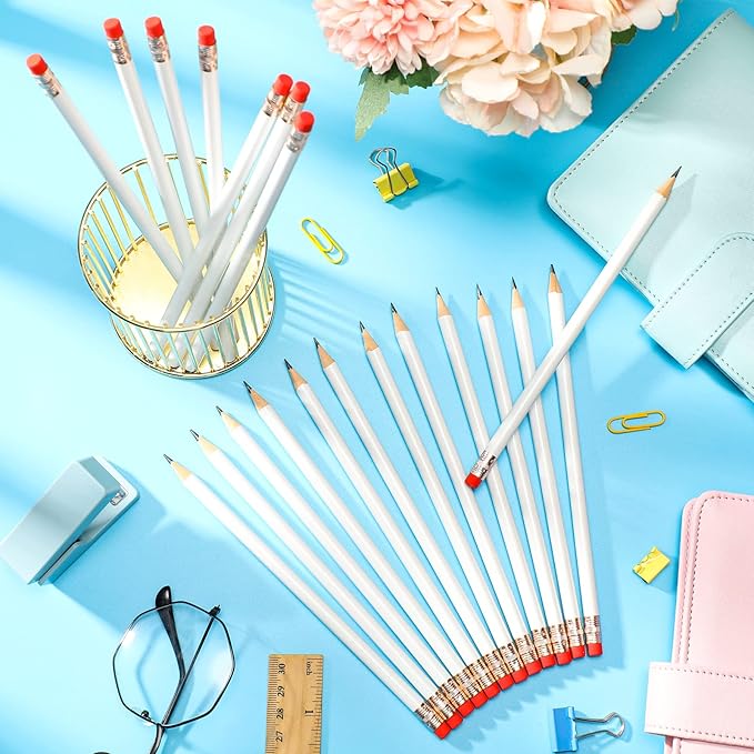 Outus 24 Pieces Round Pencils Cute HB Graphite Wood Pencils Pack with Eraser for School Drawing Sketching Wedding Office Supplies (White)