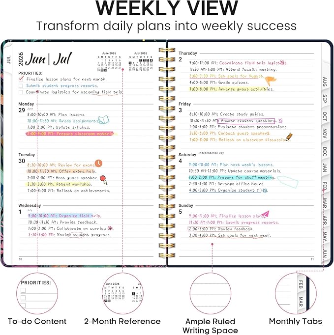 Academic Planner 2026-2027, Weekly and Monthly Calendar Book, July 2026 – June 2027, Hardcover Planner with Tabs, Perfect for Teachers, Students, Women & Men, A5 (6.4" x 8.5") - Jellyfish