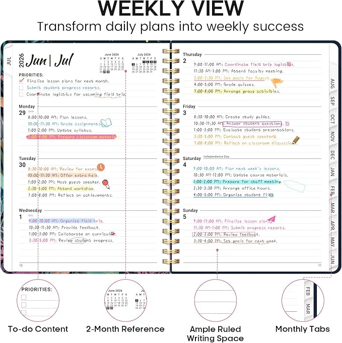 Academic Planner 2026-2027, Weekly and Monthly Calendar Book, July 2026 – June 2027, Hardcover Planner with Tabs, Perfect for Teachers, Students, Women & Men, A4 (8.5" x 11") - Jellyfish