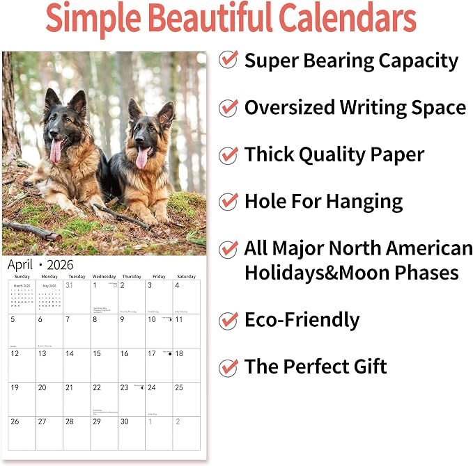 2026 Wall Calendar,Calendar 2026, November 2025 - December 2026, Wall Calendar German Shepherd, 12" x 24" Opened,Full Page Months Thick & Sturdy Paper for Calendar Organizing & Planning
