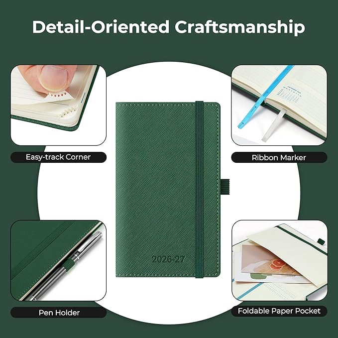 Weekly Monthly 2026-2027 Planner (July 26-Dec 27),6.5"x3.75",18 Months Agenda Plan with Month Tabs & Pocket,Expenses/Note Pages, Academic Calendar with Vegan Leather Cover,Green