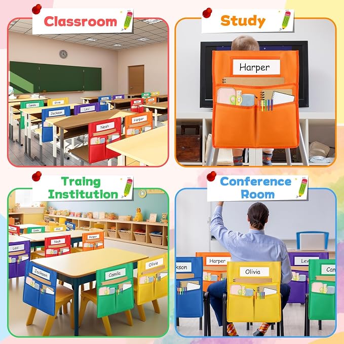 gisgfim 18 Pcs Chair Pockets for Classroom 19 x 17 inch Seat Sacks for Classroom Chairback Pocket Chart 3 Pockets Chairs Seat Back Organizer with Name Tag for School Home Classroom Supplies(Colorful)