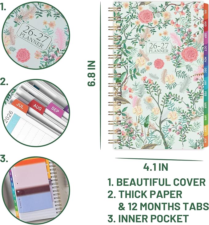 Pocket Calendar 2026-2027 - 2026-2027 Pocket Planner for Purse, Jul. 2026 - Jun. 2027 Planner Weekly and Monthly, 4.1'' × 6.8'', 12 Months Tabs, Strong Twin-wire Binding, Floral Cover