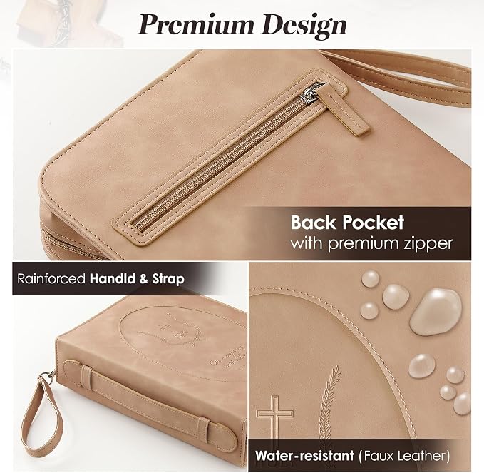 Leather Bible Cover Case for Women – Large Book Case with Handle and Pockets, Floral Book Cover, Bible Protector for Study or Church, Christian Gift for Girls and Women-Light Brown